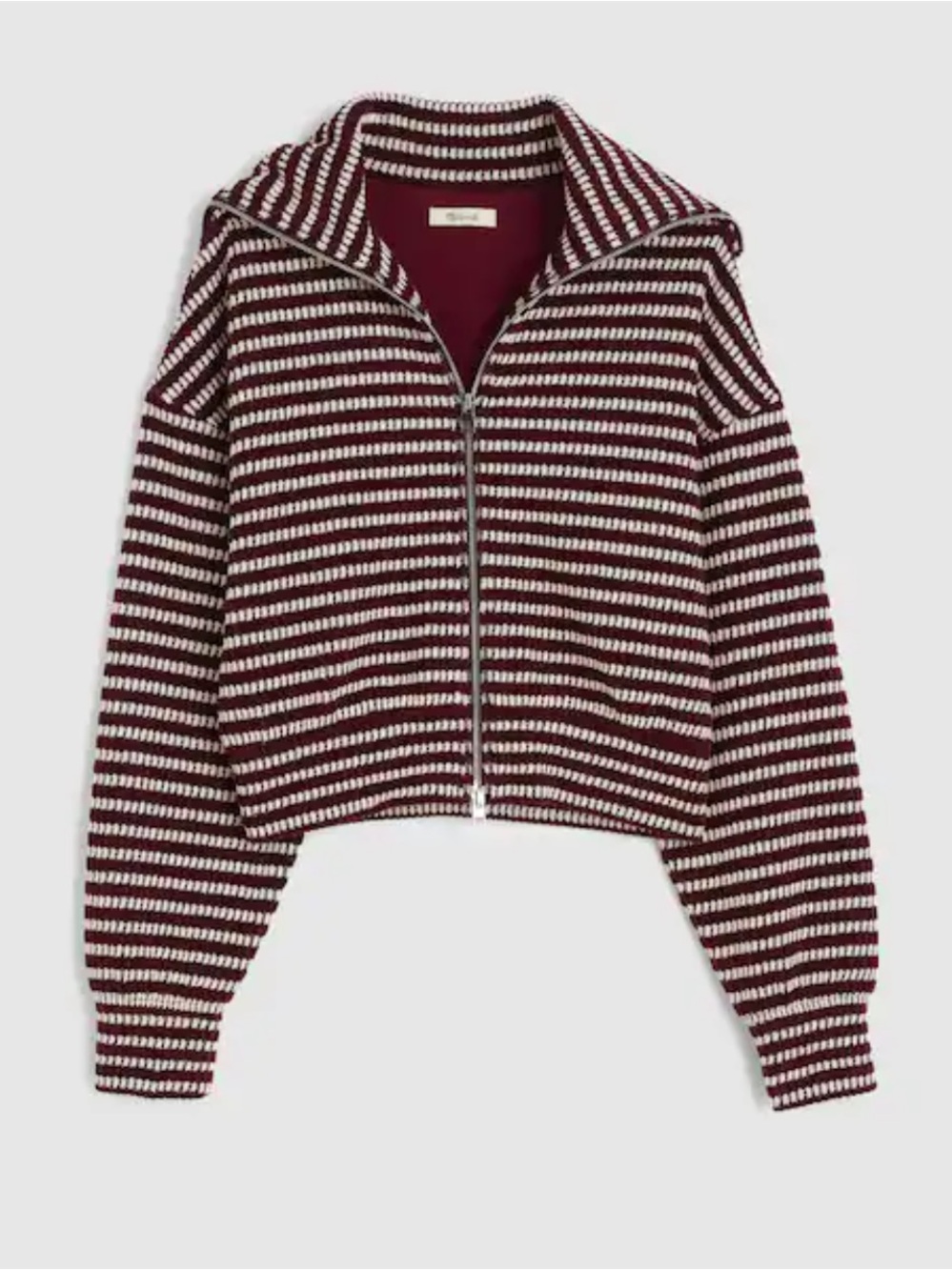 Madewell Burgundy and White Striped Zip-Up Knit Jacket